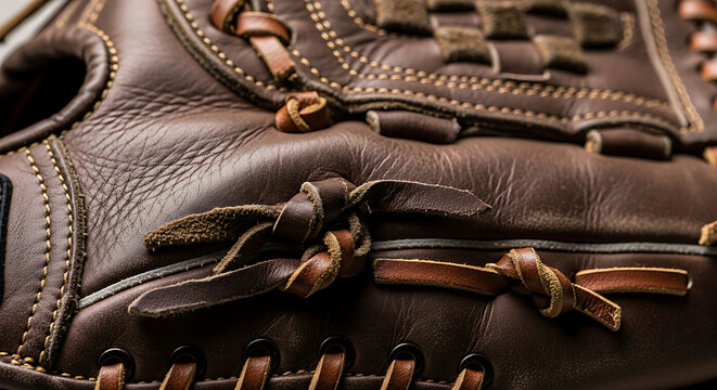 Close up of a worn brown leather baseball glove showing intricate lacing and detailed stitching