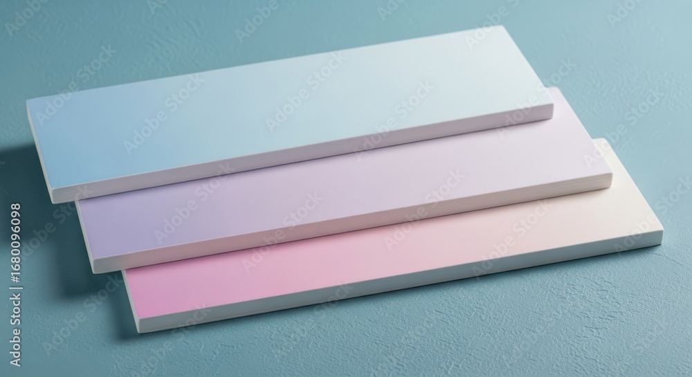 Poster three rectangular pastel colored blocks stacked on a teal surface, showcasing a gradient of soft blu