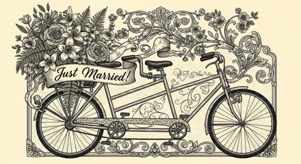 Vintage Tandem Bicycle Decorated with Flowers and Just Married Banner