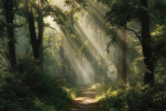Sunbeams illuminate a misty forest path