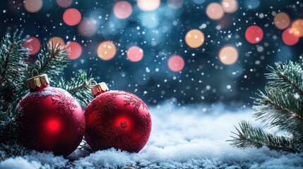 Obraz premium Red Christmas Ornaments Resting in Snow with Pine Branches and Blurred Lights