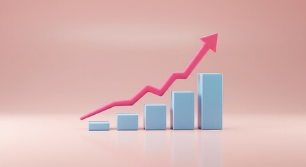Rising Bar Graph with Arrow Visualizing Growth and Progress Demonstrating Business Success and Financial Improvement on a Pink Background