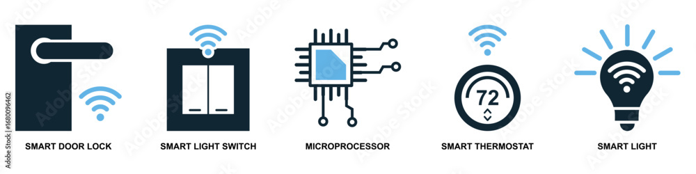Aufkleber set internet of things icon vector for smart devices, interconnected networks, and data exchange. us
