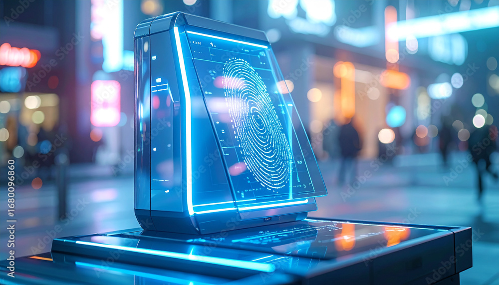 Poster cybernetic authentication system: a futuristic fingerprint scanner illuminates a digitized human fin