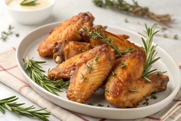 Crispy fried and roasted chicken wings with sauce on a plate