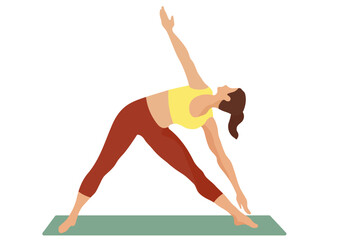 Woman practicing triangle yoga pose on mat. Fitness and workout for healthy lifestyle. Spiritual balance and wellness 