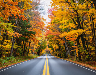 Obraz premium Road surrounded by autumn trees forming a tunnel, cinematic perspective, 8K