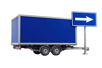 Blue Cargo Trailer with Directional Road Sign on Transparent Background