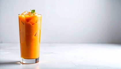 Refreshing iced Thai tea in tall glass with ice and mint garnish.
