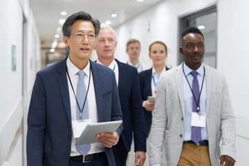 Hospital administrators and auditors conduct a quality accreditation inspection. Concept for healthcare management and standards.