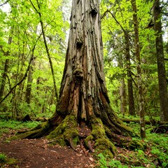 Majestic ancient redwood tree with mossy base in a lush green forest.