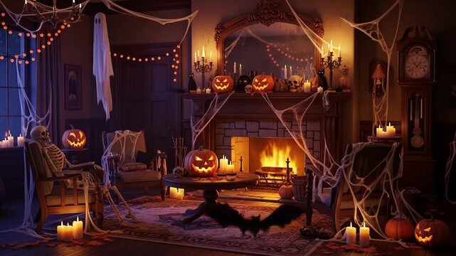 Spooky Halloween Living Room Decor with Skeleton and Pumpkins.