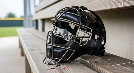 Baseball catcher's protective mask resting on a wooden dugout bench outdoors ready for game day action