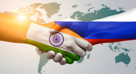 Handshake between India and Russia with national flags painted on hands against world map background, symbol of diplomacy, partnership, and international relations