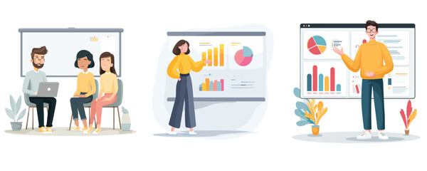 flat vector illustration of business presentation with charts and graphs