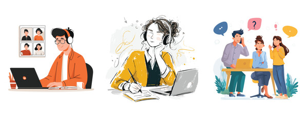 flat vector illustration of young woman working remotely with laptop at home