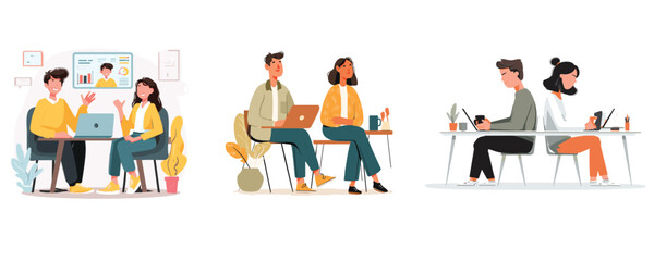 Fototapeta premium flat vector illustration of business meeting with four people in modern office