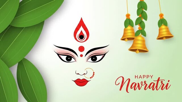 Vector illustration for the Happy Navratri festival, featuring the divine face of Goddess Durga with a traditional bindi, flanked by sacred green leaves and golden temple bells