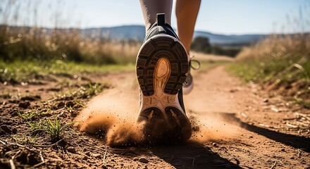 Dynamic Close-Up of a Runner's Shoe Kicking Up Dust on a Sunlit Dirt Trail, Emphasizing Movement and Outdoor Fitness