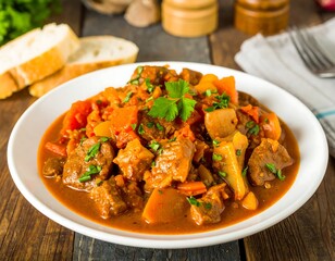 Hearty stew with meat and vegetables served on a rustic wooden table
