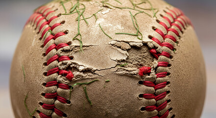 Close up of a worn and damaged baseball showing wear and tear with visible stitching and grass against a blurred background