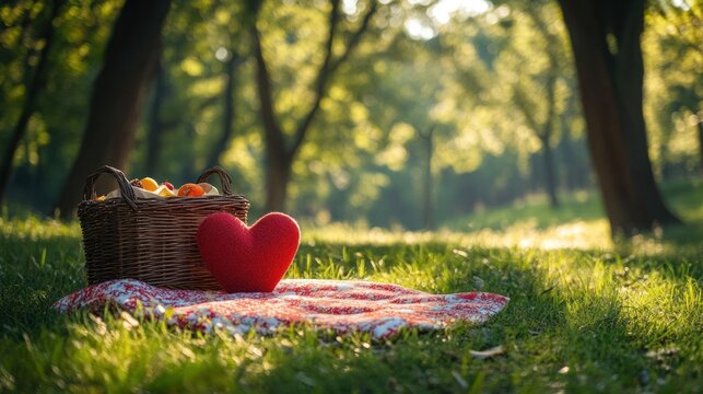 Romantic Picnic Basket in a Sunny Forest