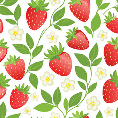 Red strawberries and green leaves seamless pattern with white flowers strawberry fruit