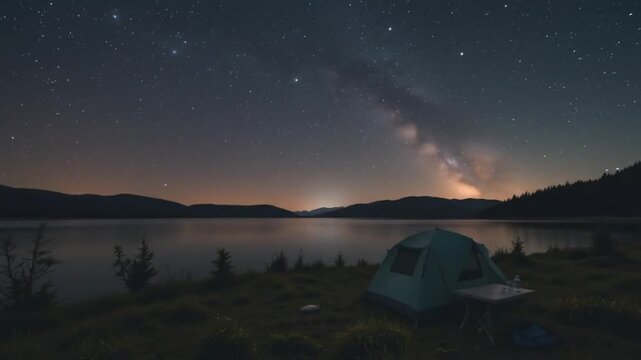 Minimalist Camping on a Serene Lakeside Under a Starry Night Sky. 4k video