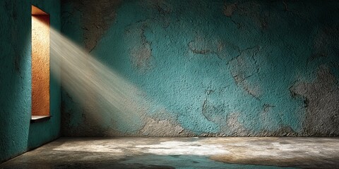 Dark velvet-teal walls with beveled slashes illuminated by spotlight, smooth floor falloff, elegant negative space, cinematic depth of field, HDR octane rendered, artistic modern background