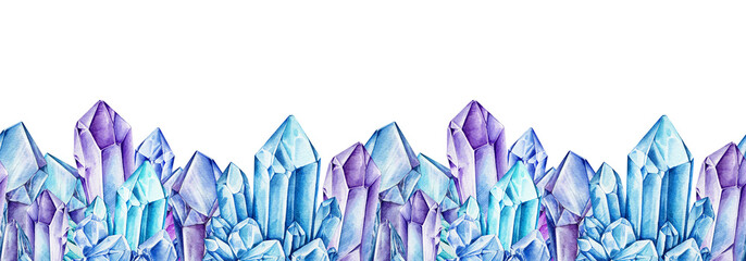 Crystal seamless border decor ornamental element watercolor illustration. Hand drawn vintage style vibrant shiny blue and violet gemstone mineral decoration isolated on white background