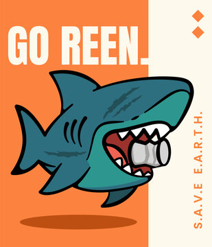 Cartoon shark is eating a can and the poster says "Go Reen". Icon