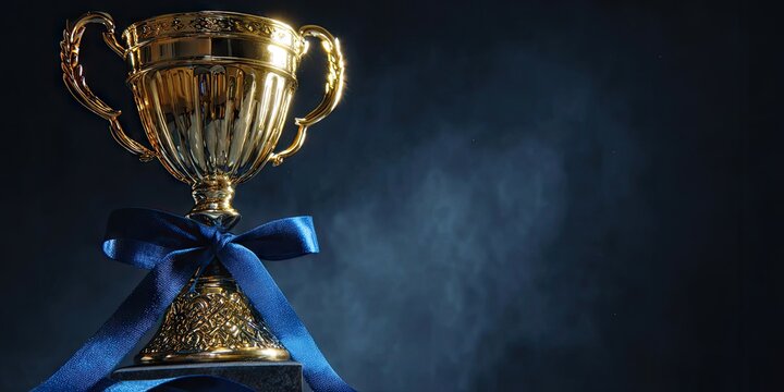 Golden trophy with blue ribbon on dark background