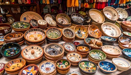 Colorful ceramic bowls and plates at a market stall