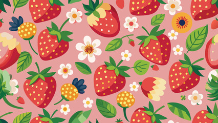 Red strawberries white flowers and green leaves seamless pattern on pink background