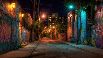 Night alleyway scene with vibrant graffiti art, illuminated by streetlights