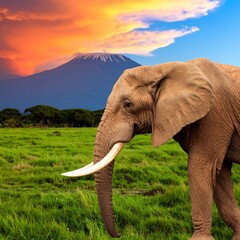 Majestic Elephant Roaming in African Savannah with Kilimanjaro at Sunset.