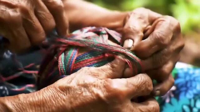 Woman weaving coconut shell outdoors.