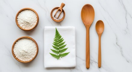 A flat lay composition featuring natural spa ingredients coarse salt in wooden bowls, a green fern leaf on a white towel, and wooden spoons on a marble surface