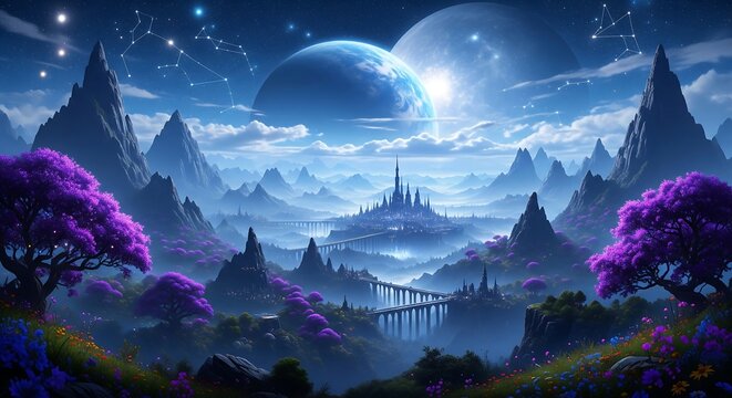 A breathtaking fantasy landscape set under a starry night sky, featuring a vast alien world with towering jagged mountains, glowing purple trees, and a massive blue planet looming above the horizon
