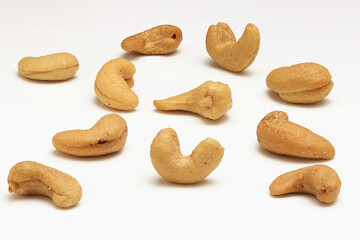 Fresh Cashew nuts on white background