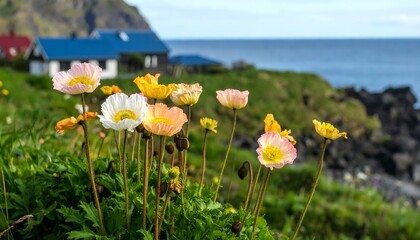 Coastal wildflowers bloom vibrantly against a backdrop of a quaint house and ocean