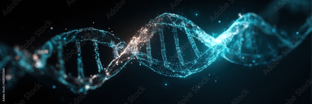 Poster dna double helix structure illuminated with glowing particles representing genetic data and molecula