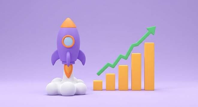 Cartoon rocket launching with upward trending graph illustration signifying business growth and successful startup on pastel purple background a creative and innovative concept - Powered by Adobe