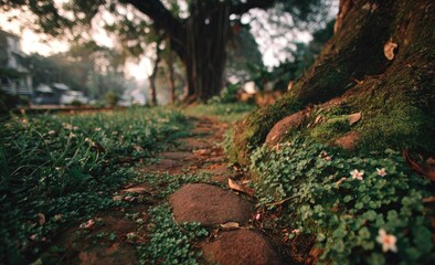 Low-angle view of a stone path, lush greenery, and large tree trunk