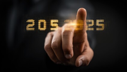 Hand pointing at digital year 2025