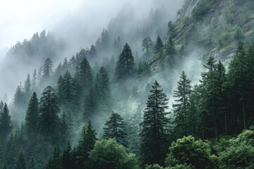 Misty mountain forest scene with dense evergreen trees