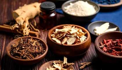 Assorted dried medicinal herbs and powders on a dark wooden surface