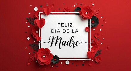 A cheerful and festive Mother's Day illustration features a red  adorned with vibrant paper-style decorations with text Spanish greeting “Feliz Día de la Madre” 
