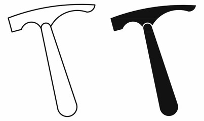 Vector illustration of geologist rock hammer in black and white silhouette outline. Mining, geology, archeology, construction tool icon for education and design use