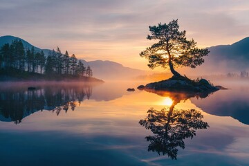 Serene Norwegian Lake Sunrise Misty Reflection Lone Tree